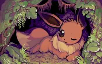 animal_focus chomahu closed_mouth eevee full_body gen_1_pokemon in_tree leaf looking_at_viewer moss nintendo no_humans one_eye_closed outdoors pokemon pokemon_(creature) solo tree