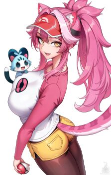 1girl :d absurdres animal_ears black_pantyhose breasts center-flap_bangs chattino_(raora_panthera) commentary cosplay double-parted_bangs english_commentary extra_ears fangs highres holding holding_poke_ball hololive hololive_english large_breasts long_hair multicolored_hair nintendo open_mouth panther_ears panther_girl panther_tail pantyhose pink_hair pink_sleeves poke_ball pokemon pokemon_bw2 ponytail raglan_sleeves raora_panthera red_visor rosa_(pokemon) rosa_(pokemon)_(cosplay) shirt short_shorts shorts sidelocks simple_background smile solo streaked_hair tail tail_under_clothes teeth unstableboiler upper_teeth_only virtual_youtuber visor_cap white_background white_shirt white_streaks yellow_eyes yellow_shorts