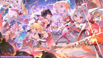 6+girls absurdres angel_wings blonde_hair blue_hair bow_(weapon) breasts cleavage dmm flower_knight_girl girls_creation green_eyes grey_hair greyscale hair_between_eyes highres holding holding_bow_(weapon) holding_weapon large_breasts melon_(monmusu_td) mist_train_girls monochrome monster_musume_td multiple_girls open_mouth orange_hair pink_eyes pink_hair red_eyes small_breasts thighhighs thighs twinkle_star_knights weapon white_wings wings yellow_eyes