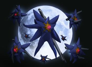 after_war_gundam_x beam_cannon beam_rifle black_background commentary crazyskull energy_gun english_commentary flying full_moon gem gen_1_pokemon glint gun gundam gundam_x gx-bit highres holding holding_gun holding_weapon mega_pokemon mega_starmie midair moon moonlight nintendo outstretched_arm parody pokemon pokemon_(creature) red_gemstone satellite_cannon space starmie weapon