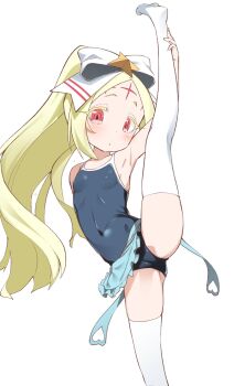 1girl blonde_hair cameltoe commentary_request covered_erect_nipples covered_navel cross cross_facial_mark expressionless facial_mark forehead_mark highres leg_lift loli long_hair looking_at_viewer mahou_shoujo_ni_akogarete morino_korisu nekono_matatabi nero_alice one-piece_swimsuit ponytail red_eyes school_swimsuit simple_background solo split standing standing_on_one_leg standing_split swimsuit thighhighs white_background white_thighhighs
