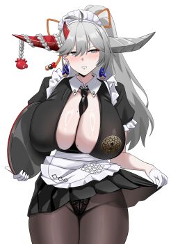 Rule 34 | 1girl, absurdres, asymmetrical horns, azur lane, between breasts, black dress, black panties, black pantyhose, blush, breasts, center opening, cleavage, dress, earrings, embarrassed, gloves, green eyes, grey hair, hakuryuu (azur lane), hakuryuu (slice dice and serve) (azur lane), half gloves, hci+, highres, holding, holding tray, horns, huge breasts, jewelry, lifting own clothes, long hair, looking to the side, maid, maid headdress, mismatched horns, mole, mole on breast, necktie, necktie between breasts, panties, panties under pantyhose, pantyhose, red horns, short sleeves, simple background, solo, tray, underwear, white background, white gloves, white horns