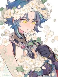 Rule 34 | 1boy, aqua hair, arm tattoo, artist name, asymmetrical gloves, bead necklace, beads, black gloves, closed mouth, commentary request, eating flower, eyeliner, facial mark, falling petals, flower, flower wreath, forehead mark, genshin impact, gloves, green gloves, green hair, head wreath, highres, holding, holding flower, jewelry, looking down, makeup, male focus, mismatched gloves, multicolored hair, necklace, parted bangs, petals, qingxin flower, red eyeliner, shirt, short hair, shoulder spikes, sidelocks, signature, simple background, sleeveless, sleeveless shirt, solo, spikes, streaked hair, tassel, tattoo, upper body, vision (genshin impact), white background, white flower, white shirt, xiao (genshin impact), yellow eyes, yumoto (ncosmanthus)