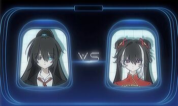 Rule 34 | 1boy, 1girl, alien stage, aqua eyes, black coat, black eyes, black hair, bright pupils, coat, collared shirt, dongmsza, double bun, hair bun, heterochromia, high ponytail, highres, hong lu (project moon), jia xichun (project moon), lapels, limbus company, long hair, multicolored hair, necktie, notched lapels, ponytail, project moon, red eyes, red necktie, red shrug, shirt, shrug (clothing), streaked hair, twintails, very long hair, white shirt