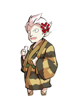 Rule 34 | 1boy, alphes (style), anger vein, angry, black eyes, bottle, commentary request, dairi, full body, hand on own stomach, holding, holding bottle, japanese clothes, kimono, large variant set, looking ahead, male focus, old, old man, open mouth, parody, pointy ears, sandals, short hair, solo, standing, striped clothes, striped kimono, style parody, tachi-e, touhou, transparent background, uwabami (touhou), variant set