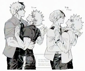 Rule 34 | 2boys, age progression, bakugou katsuki, belt, blazer, boku no hero academia, commentary request, cropped legs, from side, greyscale, hands on another's back, hands on another's chest, height difference, highres, holding hands, hraak bbb, jacket, male focus, monochrome, multicolored hair, multiple boys, multiple views, necktie, school uniform, shirt, short hair, simple background, spiked hair, split-color hair, todoroki shoto, translation request, two-tone hair, u.a. school uniform, watermark, white background
