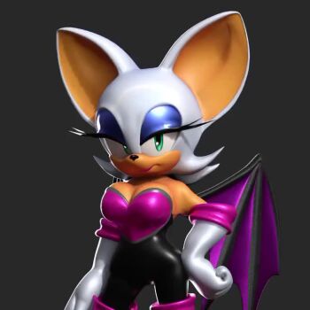 1girl 2025 3d angry animated annoyed bat_girl bat_wings black_bodysuit blowing_kiss blue_eyeshadow bodysuit boots bouncing_breasts breasts cleavage cowboy_shot curvy elbow_gloves eyeshadow female_focus furry furry_female gloves green_eyes grey_background jiggle large_breasts looking_at_viewer mashkiel multiple_expressions pink_lips rouge_the_bat sega simple_background sonic_(series) sonic_adventure_2 standing surprised tagme video white_boots white_fur white_gloves wings