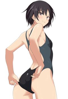 1girl absurdres adjusting_clothes adjusting_swimsuit amagami arms_behind_back ass back back_cutout black_eyes black_hair black_one-piece_swimsuit blue_one-piece_swimsuit breasts closed_mouth clothing_cutout commentary_request competition_swimsuit cowboy_shot from_behind highres light_blush light_smile looking_at_viewer looking_back median_furrow nanasaki_ai one-piece_swimsuit racerback short_hair shoulder_blades simple_background small_breasts solo swimsuit two-tone_one-piece_swimsuit two-tone_swimsuit usagii! white_background