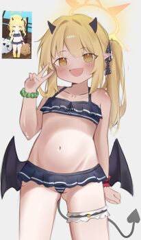 1girl absurdres alternate_costume bikini black_horns black_tail blonde_hair blue_archive danphyy demon_horns demon_tail demon_wings groin halo highres horns ibuki_(blue_archive) loli long_hair navel open_mouth pointy_ears side_ponytail swimsuit tail wings yellow_eyes yellow_halo