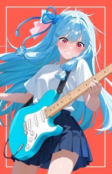 1girl absurdres blue_hair blue_skirt cable character_name commentary_request copyright_request cowboy_shot electric_guitar fender_stratocaster guitar hair_ornament hands_up highres instrument long_hair miniskirt misoka_tan music playing_guitar playing_instrument red_background red_eyes shirt simple_background skirt solo t-shirt teeth v-shaped_eyebrows vocaloid white_shirt