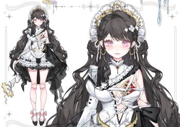 1girl absurdres ankle_bow ankle_ribbon bare_legs black_bow black_shoes bow bow_earrings braid braided_hair_rings breasts brown_hair buttons capelet center_opening chinese_commentary closed_mouth collared_capelet commentary_request commission cowboy_shot cracked_skin cross-laced_clothes cross-laced_dress doll_joints dot_nose dress dress_bow earrings eyelashes facial_tattoo frilled_capelet frilled_dress frilled_sleeves frills full_body gear_hair_ornament gold_earrings hair_ribbon hair_rings heart_(organ) high_collar highres hoop_earrings jewelry joints juliet_sleeves knees lace lace-trimmed_dress lace_trim large_breasts light_blush lightning_bolt_tattoo lipstick long_hair long_sleeves looking_at_viewer loose_hair_strand low_neckline maid_headdress makeup multiple_braids multiple_views original partially_open_dress pink_bow pink_eyes pink_lips puffy_sleeves reference_sheet ribbon ribbon-trimmed_dress ribbon_trim shanwenyufan shoes short_dress simple_background single_bare_shoulder single_hair_intake single_sleeve sleeves_past_wrists smile socks sparkle spring_(object) standing straight-on striped_clothes striped_socks swept_bangs tattoo vertical-striped_clothes vertical-striped_socks very_long_hair virtual_youtuber wavy_hair white_background white_capelet white_dress white_ribbon white_socks