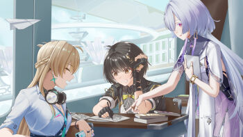 Rule 34 | black gloves, black hair, black jacket, blonde hair, blush, clenched teeth, closed eyes, colored eyelashes, commentary, earrings, female rover (perpetual spark) (wuthering waves), female rover (wuthering waves), fingerless gloves, gloves, grey hair, hair ornament, highres, holding, id card, indoors, jacket, jewelry, keika (otsukare), long hair, lynae (wuthering waves), mornye (wuthering waves), red eyes, rover (wuthering waves), smile, star (symbol), star earrings, teaching, teeth, triangle earrings, white jacket, wuthering waves, yellow eyes