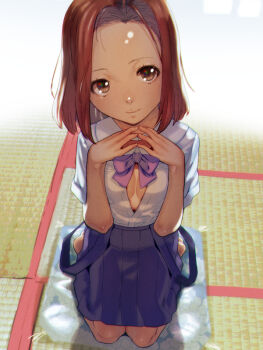 Rule 34 | 1girl, blue skirt, bow, bowtie, breasts, brown eyes, brown hair, closed mouth, female focus, fingers together, forehead, looking at viewer, open clothes, open shirt, original, overall skirt, pleated skirt, purple bow, purple bowtie, school uniform, seiza, shirt, sitting, skirt, small breasts, smile, solo, soon (c-u-soon), strap slip, tatami, unbuttoned, unbuttoned shirt, white shirt