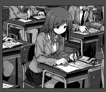 1boy 3girls blazer book chair classroom closed_mouth collared_shirt desk eraser greyscale hamsterfragment holding holding_pencil indoors jacket jaggy_lines lapels long_sleeves lowres medium_hair miniskirt monochrome multiple_girls neck_ribbon necktie notched_lapels notebook on_chair open_book open_clothes open_jacket original pants pencil pleated_skirt ribbon school_chair school_desk school_uniform shirt sitting skirt solo_focus shinohata_sachie_(hamsterfragment) wooden_floor writing