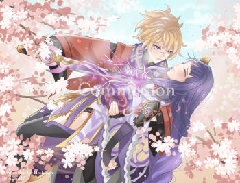 1boy 1girl arm_up asami_7teen black_panties black_thighhighs blonde_hair blue_sky blunt_bangs blurry blush branch bridal_gauntlets cherry_blossoms closed_eyes closed_mouth cloud cloudy_sky commentary commission couple curly_hair depth_of_field drawing_sword electricity english_commentary friends genshin_impact glowing glowing_sword glowing_weapon hair_ornament hand_on_another&#039;s_back hetero high_ponytail highres holding holding_sword holding_weapon human_scabbard japanese_clothes katana kazuha&#039;s_friend_(genshin_impact) kimono leaning_back leaning_forward leaning_on_person leaning_to_the_side long_hair long_sleeves looking_down mitsudomoe_(shape) multicolored_hair musou_isshin_(genshin_impact) outdoors panties parted_lips pink_lips ponytail purple_eyes purple_hair purple_kimono raiden_shogun red_sash sash scar scar_on_face scarf shade sheath sky smile streaked_hair sword sword_between_breasts teeth thighhighs thighs tomoe_(symbol) tree underwear weapon