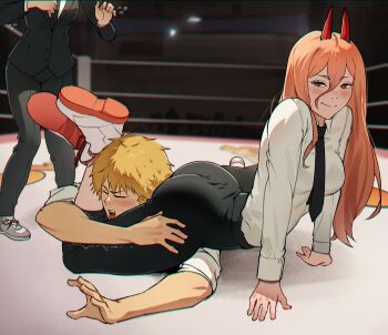 1boy 2girls arm_support ass black_necktie black_pants black_suit blonde_hair blush breasts chainsaw_man closed_eyes closed_mouth colored_shoe_soles commentary demon_girl demon_horns denji_(chainsaw_man) english_commentary formal_clothes full_body hair_between_eyes head_between_thighs head_out_of_frame higashiyama_kobeni highres horns huge_ass jamesrt long_hair looking_to_the_side medium_breasts multiple_girls necktie open_mouth pants photo-referenced power_(chainsaw_man) scissorhold sharp_teeth shirt shoes short_hair sleeves_rolled_up smile smug standing submission_hold suit teeth tokyo_joshi_pro_wrestling white_shirt white_shoes wrestling wrestling_ring yellow_eyes