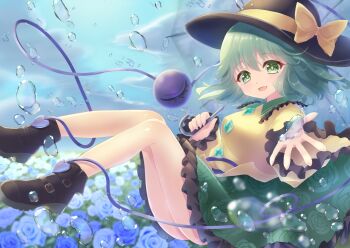 1girl :d air_bubble arm_up black_boots black_hat blouse blue_flower blue_rose blue_sky boots bow breasts bubble cloud cloudy_sky commentary_request crystal floral_print flower frills green_eyes green_hair green_skirt hair_between_eyes hands_up hat hat_bow heart heart-shaped_pupils highres holding holding_umbrella komeiji_koishi leaf long_sleeves looking_at_viewer medium_breasts miki-cacao open_mouth revision rose rose_print shirt short_hair skirt sky smile solo symbol-shaped_pupils third_eye touhou umbrella water wide_sleeves yellow_bow yellow_shirt yellow_sleeves