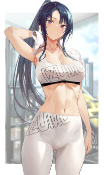1girl absurdres arm_at_side arm_up armpits bare_arms black_hair blue_sky blurry blurry_background border breasts cleavage cloud collarbone cowboy_shot gluteal_fold high-waist_pants highres hiiragi_yuuichi holding holding_towel large_breasts linea_alba long_hair looking_at_viewer navel original pants parted_bangs parted_lips ponytail red_eyes sidelocks sky solo sports_bra sportswear stomach sweat text_print towel towel_around_neck white_border white_pants white_sports_bra wiping yoga_pants