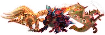 artist_request colored_skin full_body highres looking_at_viewer monster monster_hunter_(series) multiple_monsters rage-rayed_(monster_hunter) red_eyes red_skin source_request white_background