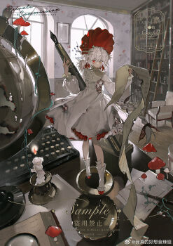 3girls akihare ankle_socks armchair bonnet book bookshelf border bow bright_pupils buttons candle capelet chair chibi chinese_commentary closed_eyes closed_mouth commentary_request commission cross-shaped_pupils day dress fire flower frilled_dress frilled_footwear frilled_sleeves frills full_body gloves grey_capelet grey_eyes grey_pupils hair_bow hair_flower hair_ornament heterochromia highres holding holding_paper holding_pen indoors lace-trimmed_capelet lace_trim ladder large_hat library long_hair loose_hair_strand low_ponytail medium_dress medium_hair mini_person minigirl mismatched_pupils multiple_girls mushroom nail_polish original oversized_object paper pen personification photo_(object) pleated_dress ponytail puffy_sleeves reaching reading red_bonnet red_bow red_eyes red_footwear red_nails rose sample_watermark shoes short_twintails smile socks solo_focus standing symbol-shaped_pupils turtleneck_capelet twintails typewriter very_long_hair watermark weibo_watermark white_dress white_flower white_hair white_pupils white_rose white_socks