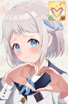 1girl blue_eyes blue_ribbon blush braid closed_mouth collared_shirt commentary_request crouching_start gakuen_idolmaster grey_hair hair_ribbon half_up_braid hatsuboshi_gakuen_school_uniform heart heart_hands highres idolmaster katsuragi_lilja long_sleeves looking_at_viewer ribbon ribbon_braid school_uniform shirt short_hair smile solo upper_body white_shirt