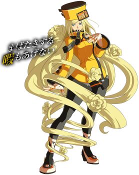 1girl 3d arc_system_works belt black_pantyhose blonde_hair blue_eyes dress female_focus fingerless_gloves flower full_body fur_hat gloves guilty_gear guilty_gear_xrd hair_flower hair_ornament hat high_heels long_hair millia_rage official_art orange_dress orange_hat orange_skirt pantyhose prehensile_hair skirt solo transparent_background ushanka very_long_hair