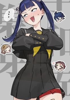 ... 1boy 1girl 3girls :d ace_attorney averting_eyes bandaid bandaid_on_knee bandaid_on_leg black_dress black_eyes black_sailor_collar black_serafuku black_shirt black_skirt blue_eyes blue_hair blunt_bangs blush brown_hair buttons chibi chibi_inset closed_eyes cowboy_shot crossed_arms dress ear_blush embarrassed facing_viewer fang flower furrowed_brow glasses grey_background hair_flower hair_ornament headband highres hugh_o&#039;conner juniper_woods long_hair long_sleeves looking_to_the_side multiple_girls myriam_scuttlebutt neckerchief nervous_smile nose_blush nyak_il open_mouth outline phoenix_wright:_ace_attorney_-_dual_destinies pleated_dress pleated_skirt puffy_long_sleeves puffy_sleeves robin_newman sailor_collar school_uniform serafuku shirt short_bangs short_dress short_hair skin_fang skirt smile solo_focus spoken_ellipsis sweatdrop text_background thigh_strap tsundere twintails v-shaped_eyebrows white_headband white_outline yellow_neckerchief