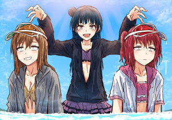 3girls :d arms_up bikini bikini_skirt black_jacket blue_hair blue_sky breasts cleavage cloud commentary day false_smile frilled_bikini frills front-tie_bikini_top front-tie_top grey_jacket grin hair_bun highres hood hooded_jacket jacket kunikida_hanamaru kurosawa_ruby long_sleeves love_live! love_live!_sunshine!! medium_breasts multiple_girls open_clothes open_jacket open_mouth outdoors partially_submerged pink_bikini pink_eyes purple_bikini red_hair see-through_clothes see-through_headwear short-sleeved_jacket short_sleeves single_side_bun sky small_breasts smile swimsuit tsushima_yoshiko two_side_up upturned_eyes v-shaped_eyebrows visor_cap wet white_jacket yellow_bikini yukitake_(bullfalk)