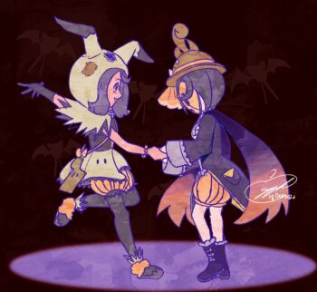 Rule 34 | 1boy, 1girl, acerola (fall 2020) (pokemon), acerola (pokemon), allister (fall 2022) (pokemon), allister (pokemon), appleko, bat wings, brown hat, cape, full body, gen 1 pokemon, gloves, hat, highres, holding hands, looking at another, mask, nintendo, pokemon, pokemon masters ex, purple hair, signature, single glove, standing, wings, zubat