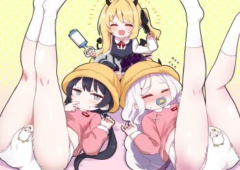 3girls black_hair blonde_hair blue_archive blush closed_eyes commentary_request commission demon_horns demon_tail diaper exposed_diaper halo hat highres hina_(blue_archive) horns ibuki_(blue_archive) kindergarten_uniform kisaki_(blue_archive) kisaki_(kindergarten_uniform)_(blue_archive) kurosaki_kousuke legs_up loli long_hair multiple_girls open_mouth pacifier panties peroro_(blue_archive) print_diaper skeb_commission socks sucking_finger sweatdrop tail underwear white_diaper white_hair white_panties white_socks wings