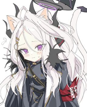 1girl ahoge animal_ears armband black_horns blue_archive blush cat_ears cat_tail demon_girl demon_horns flying_sweatdrops furrowed_brow hair_ornament hairclip halo highres hina_(blue_archive) horns long_hair looking_at_viewer multiple_horns parted_bangs purple_eyes red_armband sentouryoku_5 small_sweatdrop solo tail upper_body white_background white_hair