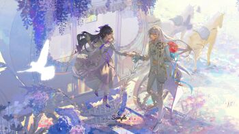 1boy 1girl :d absurdres arm_behind_back ascot bird black_hair blue_ribbon bouquet bow braid cael_anselm cape carpet carriage closed_mouth collared_dress collared_shirt commentary cross-laced_clothes day dress dress_bow dress_flower eye_contact flower frilled_sleeves frilled_socks frills full_body grass hair_between_eyes hair_bow hand_up heroine_(lovebrush_chronicles) high_heels highres holding holding_bouquet holding_hands horse jacket long_bangs long_hair long_sleeves looking_at_another lovebrush_chronicles neck_ribbon open_clothes open_jacket open_mouth pants parted_bangs purple_bow purple_eyes purple_flower purple_ribbon purple_shoes red_flower red_rose ribbon rose sash shirt shoes side_braid sleeve_cuffs smile socks standing walking watermark white_ascot white_bow white_cape white_dress white_hair white_jacket white_pants white_shirt white_shoes white_socks wisteria xixun yellow_sash