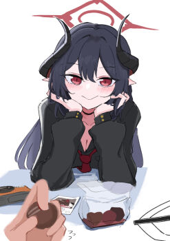 1girl :&gt; black_choker black_hair black_horns black_shirt blue_archive blush bone_hiko breasts camera chiaki_(blue_archive) choker cleavage closed_mouth commentary_request flying_sweatdrops food hair_between_eyes halo hands_on_own_cheeks hands_on_own_face head_rest holding holding_food horns long_hair long_sleeves looking_at_viewer necktie oekaki paint_chat_(medium) partial_commentary pov pov_hands red_eyes red_halo red_necktie shirt simple_background smile solo_focus white_background