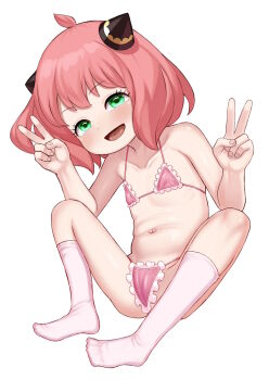 1girl :d anya_(spy_x_family) atg_(wttoo0202) bikini double_v flat_chest frilled_bikini frills full_body green_eyes hairpods highres kneehighs loli looking_at_viewer no_shoes open_mouth pink_bikini pink_hair short_hair sitting smile socks solo spy_x_family string_bikini swimsuit v white_socks