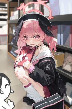 1boy 1girl absurdres beret black_bag black_hat black_shirt black_shoes blue_archive blurry blurry_background blush body_markings book bookshelf bra_strap commentary depth_of_field doodle_sensei_(blue_archive) feathered_wings hair_between_eyes halo hat head_wings highres holding holding_book koharu_(blue_archive) leg_warmers legs_together liago long_sleeves looking_at_viewer low_wings medium_hair miniskirt multiple_wings open_mouth pink_eyes pink_hair pink_halo pink_skirt pornography puffy_long_sleeves puffy_sleeves sailor_collar sailor_shirt school_uniform sensei_(blue_archive) serafuku shirt shoes skirt sleeves_past_wrists solo_focus squatting twintails wavy_mouth white_leg_warmers white_sailor_collar winged_halo wings