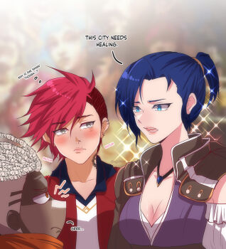 Rule 34 | 1boy, 2girls, arcane: league of legends, arcane caitlyn, arcane vi, asymmetrical hair, blue eyes, blue hair, breasts, caitlyn (league of legends), chibi, cleavage, closed mouth, commentary, dark-skinned male, dark skin, dreadlocks, ekko (league of legends), english commentary, english text, enjelicious, frown, grey eyes, highres, league of legends, multiple girls, pale skin, ponytail, red eyes, red hair, sidecut, spiked hair, undercut, vi (league of legends), white hair, yuri