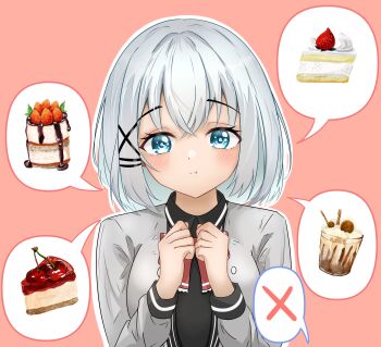 1girl absurdres black_shirt blue_eyes blush bow bowtie breasts closed_mouth collared_shirt commentary_request dessert food grey_jacket hair_ornament hairclip highres jacket long_sleeves looking_at_viewer medium_breasts miruku_061 open_clothes open_jacket parallel_hairclips pink_background portrait red_bow red_bowtie shirt short_hair siesta_(tantei_wa_mou_shindeiru) smile solo speech_bubble tantei_wa_mou_shindeiru upper_body white_hair x_hair_ornament