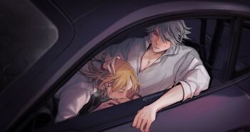 2boys alhaitham_(genshin_impact) alternate_universe blonde_hair blush car car_interior closed_eyes commentary cum cum_in_mouth cum_overflow earrings english_commentary fellatio genshin_impact grey_hair highres jewelry jingle23 kaveh_(genshin_impact) looking_at_another looking_down male_focus medium_hair motor_vehicle multiple_boys necklace oral penis sex shirt short_hair sweat twitter_username watch white_shirt yaoi
