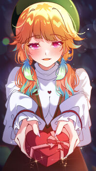 Rule 34 | 1girl, absurdres, box, brown dress, commentary request, cyanzan, dress, earrings, feather earrings, feathers, gift, green hat, hat, heart-shaped box, highres, holding, holding gift, hololive, hololive english, jewelry, long hair, looking at viewer, low twintails, official alternate costume, open mouth, orange hair, purple eyes, smile, solo, takanashi kiara, takanashi kiara (winter casual), twintails, valentine, virtual youtuber