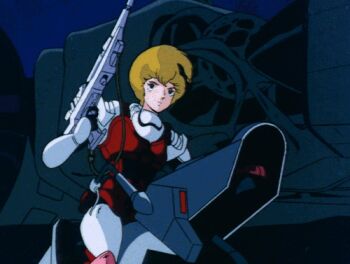 1980s_(style) 1girl aiming aiming_at_viewer alien animated animated_gif arming_doublet_(southern_cross) armor atac beam_rifle blonde_hair blue_eyes choujikuu_kidan_southern_cross emblem energy_beam energy_gun energy_weapon firing firing_at_viewer flying gloves headgear hover_bike jeanne_francaix looking_at_viewer lowres oldschool retro_artstyle science_fiction scope southern_cross space_station spacecraft strap weapon zor