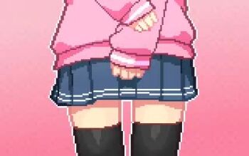 1girl aftersex animated cum cum_in_pussy cum_plugged cumdrip double_v female_focus gradient_background loli lowres miniskirt original pink_background pixel_art pleated_skirt qswan simple_background skirt solo sound standing tan thighhighs third-party_edit thong v video
