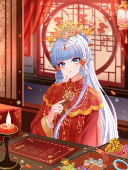 1girl absurdres alternate_costume alternate_hairstyle ayaka_(genshin_impact) blue_pupils blunt_bangs candle chinese_clothes commentary_request dress fengguan flower genshin_impact grey_eyes grey_hair hair_ornament head_tilt highres holding indoors lantern lattice long_hair long_sleeves looking_at_viewer low-tied_sidelocks mole mole_under_eye parted_lips petals ponytail red_dress round_window sidelocks solo table tassel tiara upper_body window zhui_ming_ying_xue