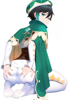 1boy absurdres androgynous anus aqua_eyes argyle_clothes argyle_pantyhose ass ass_grab beret black_hair blue_hair braid bulge cape closed_mouth collared_cape come_hither corset deep_skin frilled_sleeves frills from_behind g1_(jjw00123) genshin_impact goatse gradient_hair green_eyes green_hat hat highres kneeling leggings legs long_hair long_sleeves looking_at_viewer looking_back male_focus multicolored_hair naughty_face no_shoes paid_reward_available pantyhose shirt short_hair_with_long_locks shota simple_background sitting smile solo spread_anus spread_anus_under_clothes trap twin_braids venti_(genshin_impact) white_background white_pantyhose white_shirt