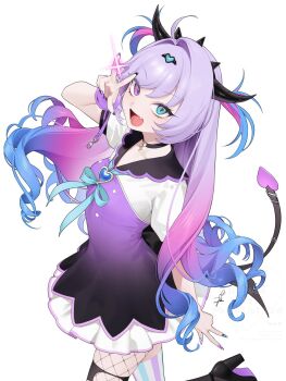 Rule 34 | 1girl, ahoge, belt, bow, buttons, choker, cross, crown, fingernails, fishnet thighhighs, fishnets, hair ornament, heart-shaped gem, heterochromia, high heels, highres, horns, long fingernails, long hair, moudoku denpa shoujo purple lollipop, multicolored eyes, multicolored hair, nail polish, needy girl overdose, official art, official artist extra, ohisashiburi, purple eyes, purple hair, school uniform, serafuku, short sleeves, signature, single handcuff, single tooth, skirt, star (symbol), thighhighs, twintails, v, very long hair, white background