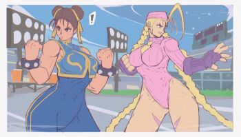 Rule 34 | !, 2girls, blue bodysuit, bodypaint, bodysuit, bracelet, braid, breasts, cammy white, capcom, china dress, chinese clothes, chun-li, clenched hands, commentary, double bun, dress, english commentary, facial scar, fighting stance, hair bun, highres, jewelry, leotard, looking to the side, michel teru, multiple girls, official alternate costume, outdoors, pantyhose, pink leotard, scar, scar on cheek, scar on face, sleeved leotard, spiked bracelet, spikes, spoken exclamation mark, stadium, stadium lights, street fighter, studded bracelet, toned, twin braids, upper body