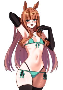 1girl :d absurdres animal_ears aqua_bikini aqua_ribbon arm_up armpits bikini black_gloves black_thighhighs blunt_bangs blush cowboy_shot elbow_gloves flat_chest front-tie_bikini_top front-tie_top gloves green_eyes highres horse_ears jewelry kaosu_kun long_hair navel necklace open_mouth orange_hair ribbon side-tie_bikini_bottom silence_suzuka_(umamusume) simple_background smile solo swimsuit thighhighs umamusume very_long_hair white_background wide_hips