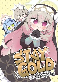 3girls :d black_dress black_gloves blue_archive blue_hair blush brown_background brown_hair chibi closed_eyes closed_mouth comiket_107 commentary_request cover cover_page dress frilled_sleeves frills gloves green_eyes hair_between_eyes halo hat interlocked_fingers long_hair long_sleeves mine_(blue_archive) miranofuudoria multiple_girls nagisa_(blue_archive) nun nurse_cap open_mouth own_hands_clasped own_hands_together pointy_ears puffy_long_sleeves puffy_sleeves purple_eyes sakurako_(blue_archive) smile sparkle veil very_long_hair white_hat