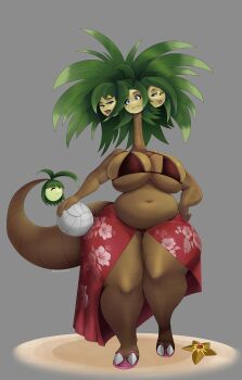 1girl absurdres alolan_exeggutor alolan_form ball bikini blue_eyes breasts fangs gen_1_pokemon gen_7_pokemon grey_background grey_hair highres huge_breasts long_hair long_neck looking_at_viewer monster_girl multiple_heads navel nintendo omegabean plump pokemon pokemon_(creature) red_bikini red_sarong sandals sarong simple_background smile solo starmie stomach swimsuit theomegagod thick_lips thick_thighs thighs tongue tongue_out volleyball_(object)