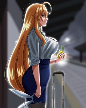 Rule 34 | absurdres, animal ears, apple, artoria pendragon (fate), artoria pendragon (lancer) (fate), bags under eyes, blonde hair, blue skirt, breasts, commentary, cowlick, english commentary, exhausted, fake animal ears, fate/grand order, fate (series), food, food bite, fruit, highres, holding, holding food, holding fruit, large breasts, long hair, rolling suitcase, romulproduce, saberface, shirt, skirt, suitcase, white shirt