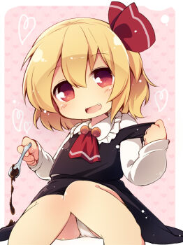 1girl :d ascot bare_legs barefoot black_skirt black_vest blonde_hair blush border chocolate collared_shirt commentary_request double-parted_bangs fang feet_out_of_frame frilled_shirt_collar frills hair_between_eyes hair_ribbon heart holding holding_spoon long_sleeves looking_at_viewer matatabi_(nigatsu) open_mouth outside_border panties pantyshot pink_background red_ascot red_eyes red_ribbon ribbon rumia shirt short_hair sitting skirt skirt_set smile solo spoon touhou underwear vest white_border white_panties white_shirt
